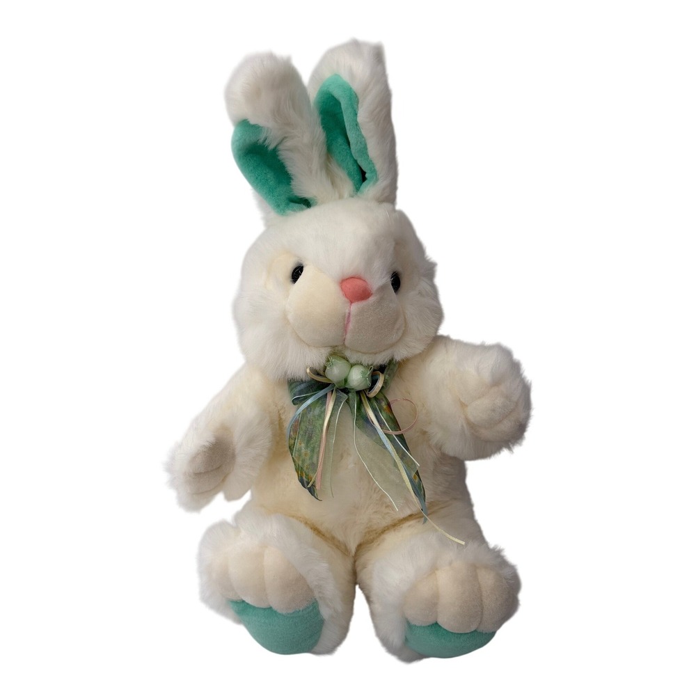 Dan Dee Plush White Bunny Rabbit Teal Ears Paw Pads Easter Stuffed Animal 22"